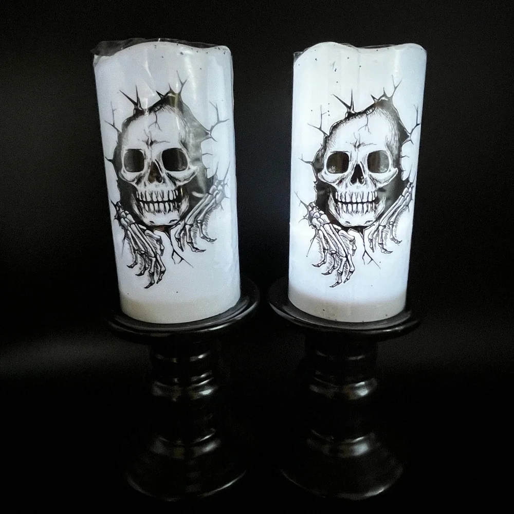 Skull Flameless LED Pillar Candles with Pedestal Bases Set of 2 Halloween Decor